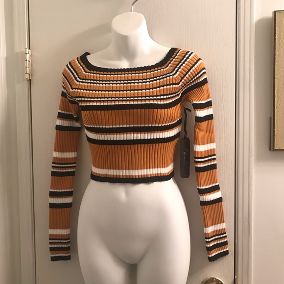 (XL) Stretchy Striped & Ribbed Cropped Sweater - Picture 2 of 4
